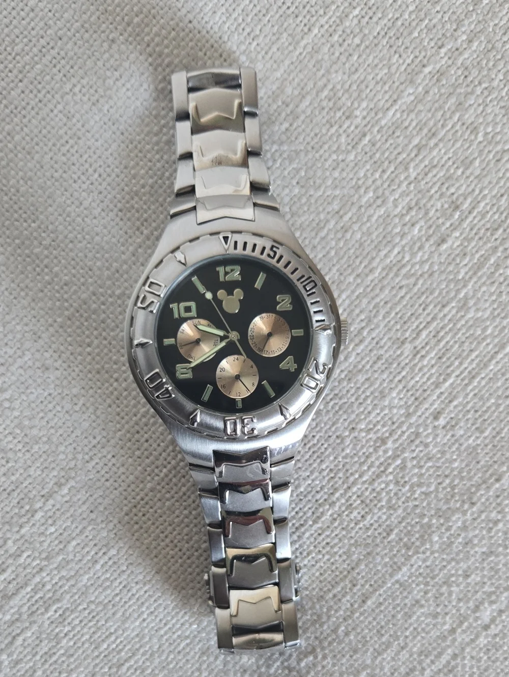 Disney Silver-Tone Men’s Watch with Black Dial and Gold Subdials